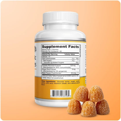 Advanced Turmeric Gummies Supplement with Ginger & Black Pepper Extract, Turmeric Complex, Vegan Dietary Supplement, Peach Flavor, 60 Gummies