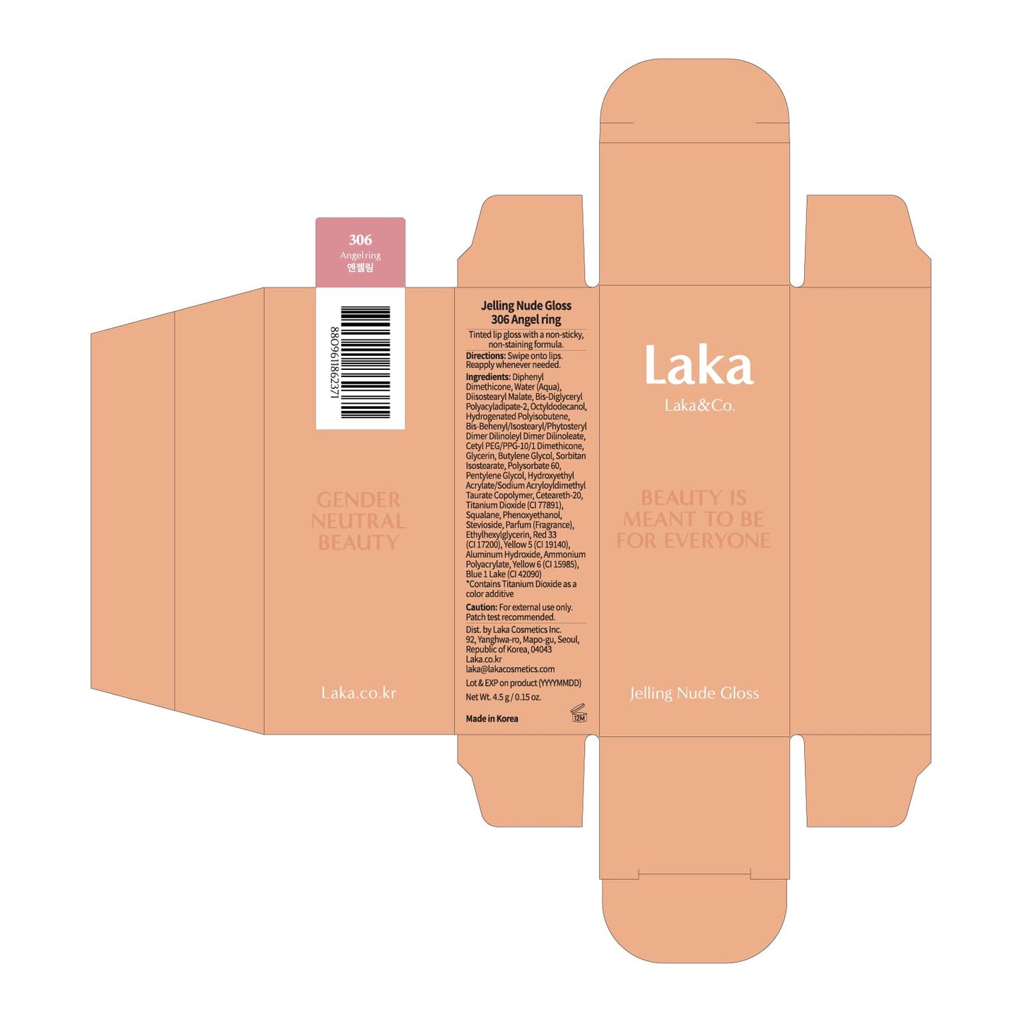 Laka Jelling Nude Gloss, 4.5g/0.15oz, Sheer Hydrating Lip Oil with No Stain, Non-Sticky, Nourishing Gloss for a Glowy Look, K-Beauty (#306 Angelring) LakaBuy Supplements Australia