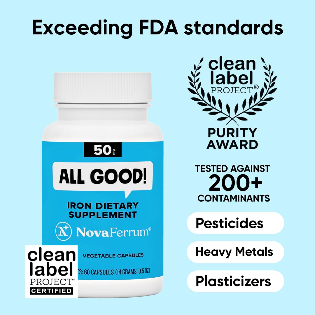 NovaFerrum All Good | Iron Capsule Supplements for Adults | Anemia | 50mg of Iron | 90 Servings | Sugar Free | Vegan | Gluten Free