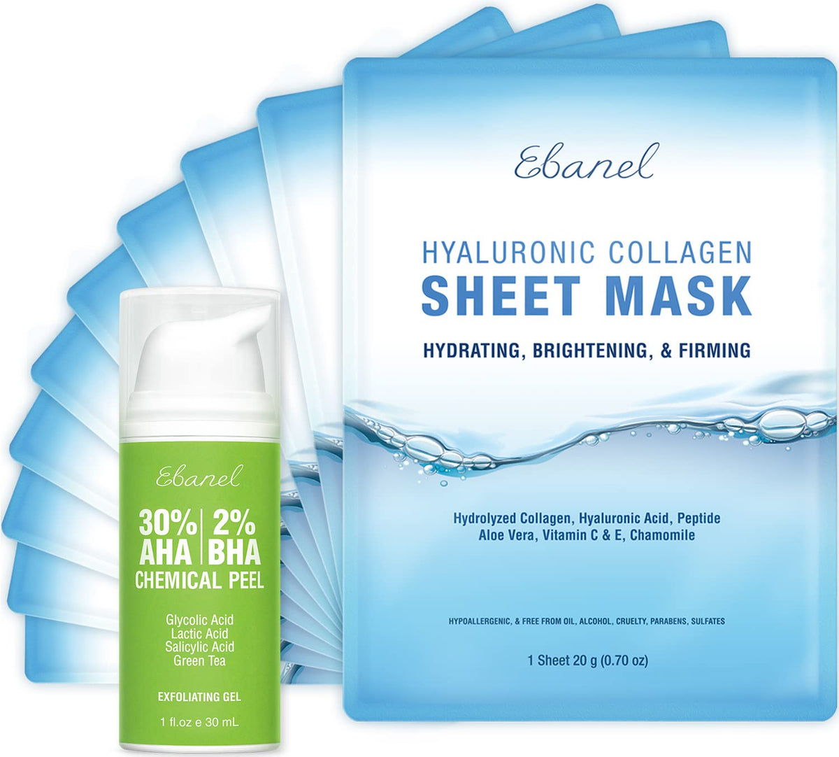 Ebanel Bundle of 30% AHA 2% BHA Chemical Peel and 10 Pack Collagen Face Mask