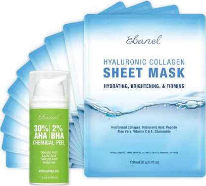 Ebanel Bundle of 30% AHA 2% BHA Chemical Peel and 10 Pack Collagen Face Mask