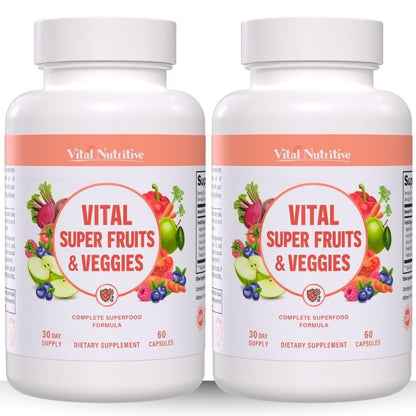 Two bottles of Vital Nutritive Super Fruits & Veggies supplements on a white background