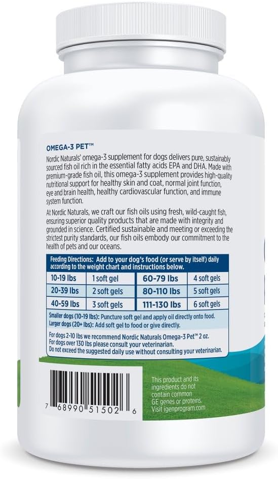 Nordic Naturals Omega-3 Fish Oil for Dogs with EPA + DHA - 180 Count | Easy-to-give soft gel capsules deliver 320 mg omega-3 per serving to support heart, skin, coat, and immune health in dogs