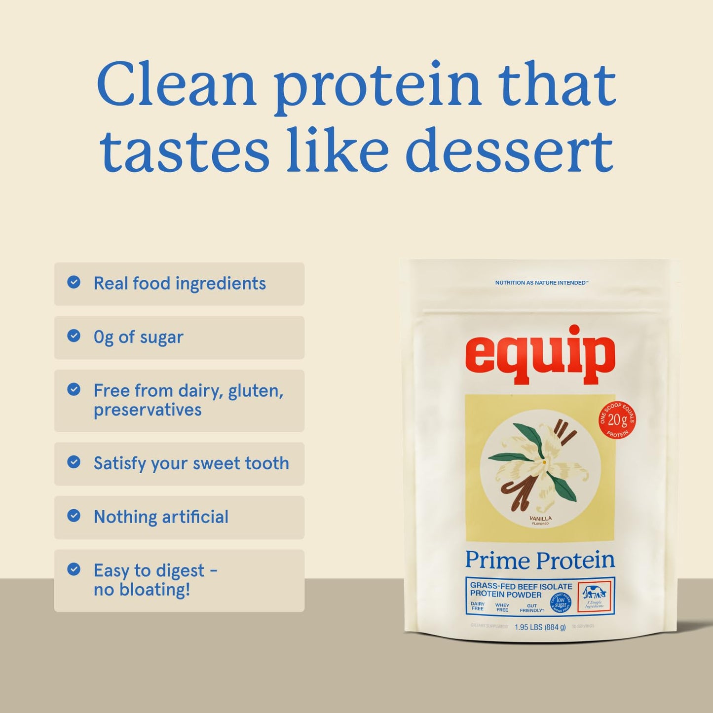Equip Prime Chocolate Protein Powder - Gut-Friendly, No Sugar Protein Shake Powder with Grass-Fed Beef & Natural Collagen - Rich & Creamy Mix - 21g Per Serving - Whey & Dairy-Free (30 Scoops)