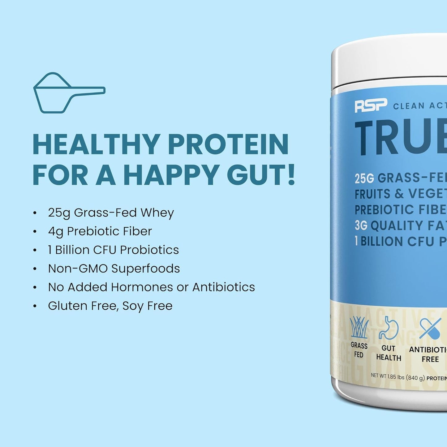 TrueFit Grass-Fed Whey Protein Powder + Fiber & Probiotics, Vanilla Shake | 25g Gut Healthy Protein with Fiber, Probiotics & Non-GMO Superfoods for Complete Meal Replacement Shake with Nothing Fake