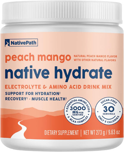 NativePath Hydrate Electrolyte Powder, Peach Mango, 30 Servings | 14 Vitamins & Minerals, 9 Aminos & 2000mg BCAAs, Zero Sugar, Supports Hydration & Recovery, Stevia, Keto