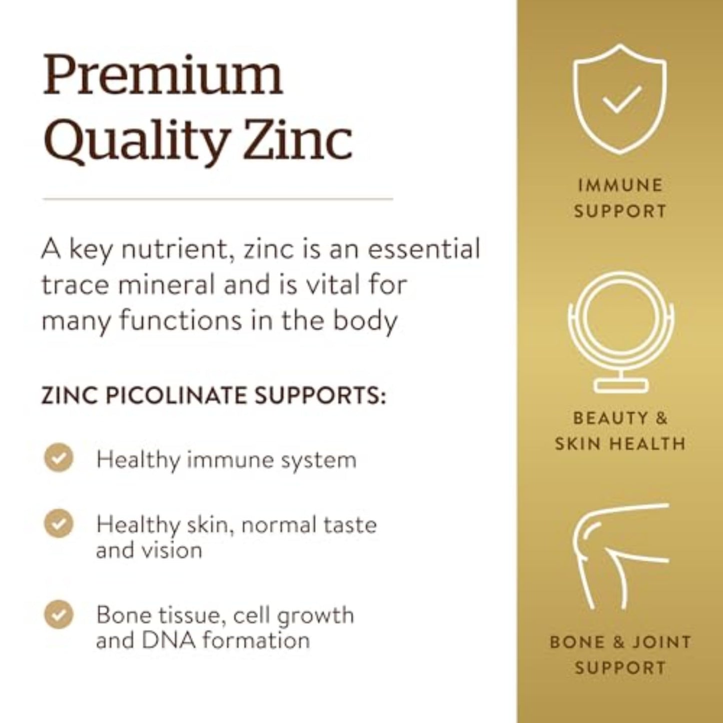 Solgar Zinc Picolinate 22 mg, 100 Tablets - Promotes Healthy Skin - Supports Immune System, Normal Taste & Vision - Antioxidant – Non-GMO, Vegan, Gluten Free, Kosher - 100 Servings