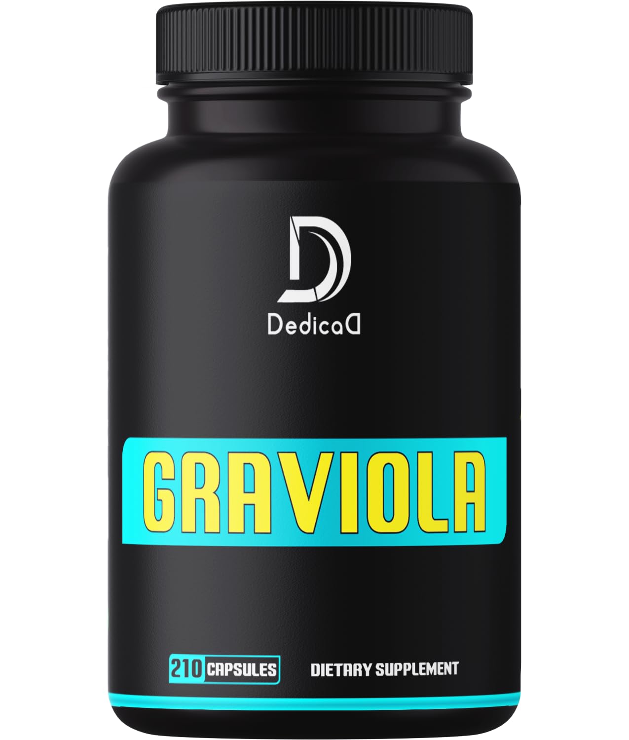 Black dietary supplement bottle labeled 'Graviola' with DedicaD branding on a white background