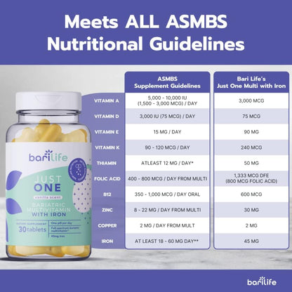 Bari Life Just One, Once Daily Bariatric Multivitamin with Iron (30 Tablets) and BariBurst Calcium Citrate Soft Chews for Gastric Bypass, Gastric Sleeve and Duodenal Switch (Butter Toffee)