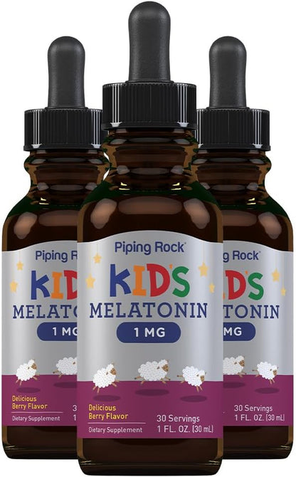 Piping Rock Kids Melatonin Liquid 1 fl oz | 1mg | Pack of 3 Bottles | Berry Flavor Drops | Non-GMO, Gluten Free Supplement