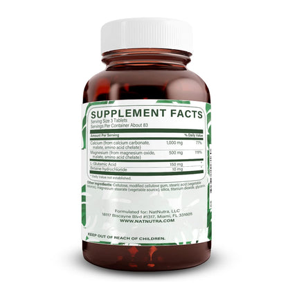 Natural Nutra Chelated Calcium Magnesium 1000/500 mg Supplements Plus Betaine HCL - Chelated Cal Mag Improves Bone Density, Supports Muscle, Teeth, Cardiovascular & Nerve Health, 100 Vegan Tablets