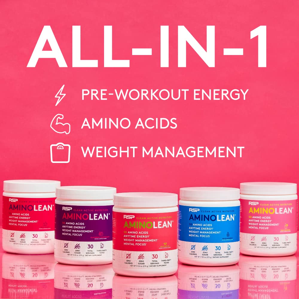 AminoLean Pre Workout Powder & Natural Amino Energy with Vegan BCAA + EAA | Jitter-Free Preworkout Energy from Green Tea + Amino Acids & Weight Management for Women & Men - Vegan, Zero Sugar, No Crash
