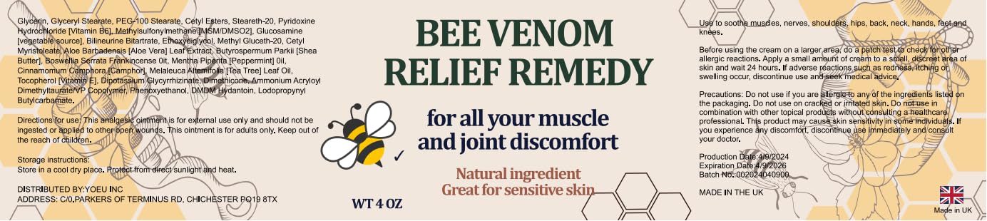 Natural Organic Bee Venom Muscle & Joint Cream, Extra Effective Muscle & Joint Care, for Neck, Hand, Feet, Knee, Muscles, Shoulder, Wrist, Elbow, Ankle, Foot Aches, Arnica, Vitamin B6 KOKOMAANEBuy Supplements Australia