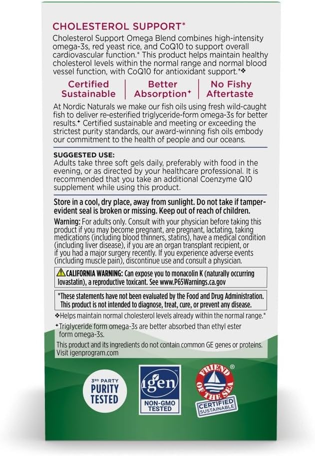 Nordic Naturals Cholesterol Support, 975mg Omega-3 + Red Yeast Rice + CoQ10 | Red Yeast Rice supports healthy LDL cholesterol naturally. EPA & DHA omega-3s for heart health. Lemon. Non-GMO. 20 servings.