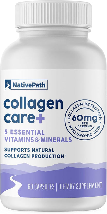 NativePath Collagen Care+, 5 Vitamin Blend with Hyaluronic Acid and Boron that Supports Collagen for Men and Women, 60 Capsules | Vitamins A, C, Zinc & Boron, Supports Skin, Hair, Nails & Your Body's Own Production, Beauty, Women