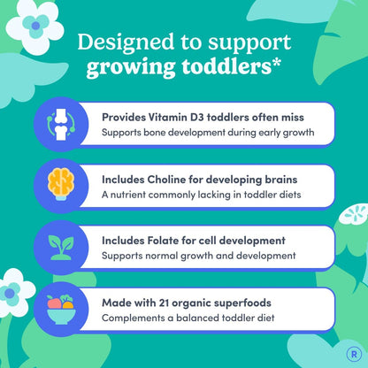 Toddler Multivitamin Gummies for Ages 2 & 3 – No Fake Sugars, No Artificial Colors, No Fillers – Choline, 10 Essential Nutrients, 21 Organic Superfoods – Clean Label Purity Award – 60 Count | First Day toddler vitamins for ages 2-3: vegan toddler vitamin