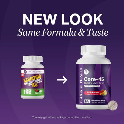 Core-45 Bariatric Multivitamin | Fruit Punch | Chewable | 90ct | Once Daily Bariatric Multivitamin with Iron 45mg Chewable Tablets for Gastric Bypass, Sleeve & Post-Op Support - Made in USA