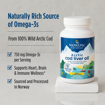 Nordic Naturals Arctic Cod Liver Oil, Lemon - 180 Soft Gels - 750 mg Total Omega-3s with EPA & DHA - Heart & Brain Health, Healthy Immunity, Overall Wellness - Non-GMO - 60 Servings | 750mg Total Omega-3s per serving. Heart & brain health, immunity suppor