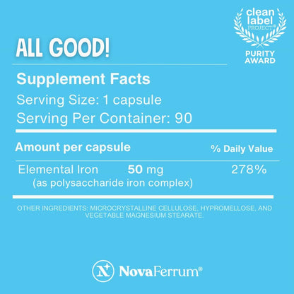 NovaFerrum All Good | Iron Capsule Supplements for Adults | Anemia | 50mg of Iron | 90 Servings | Sugar Free | Vegan | Gluten Free