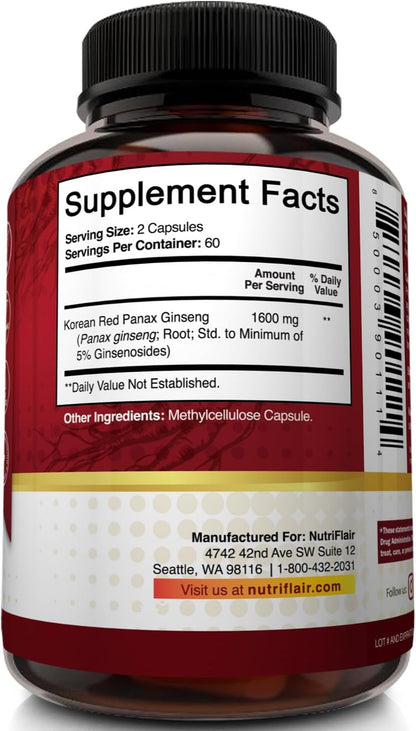 NutriFlair Korean Red Panax Ginseng 1600mg – 120 Vegan Capsules | 5% Ginsenosides | Non-GMO, Gluten-Free | Natural Energy & Focus Support | Made in USA