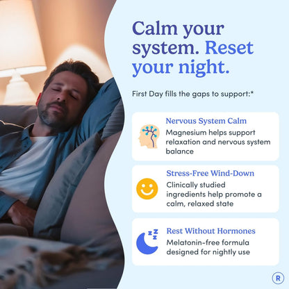 FIRST DAY Calm Magnesium Gummies for Men, L-Theanine, Melatonin-Free, 60ct | Vegan strawberry citrate magnesium for men with L-theanine and Zembrin; melatonin-free nighttime relaxation support.