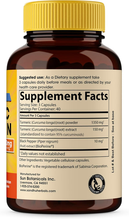 Organic Turmeric Curcumin 120 Capsules with Bioperine Black Pepper Extract Supplement | 1500mg with 95% Curcuminoids | Immune Support