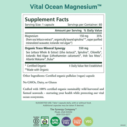 PURE SYNERGY Vital Ocean Magnesium | Organic Magnesium Supplement Capsules | Vegan, Seaweed-Based Complex with Spirulina, Chlorella, & Wakame | for Energy, Sleep, & Stress (60 Capsules)