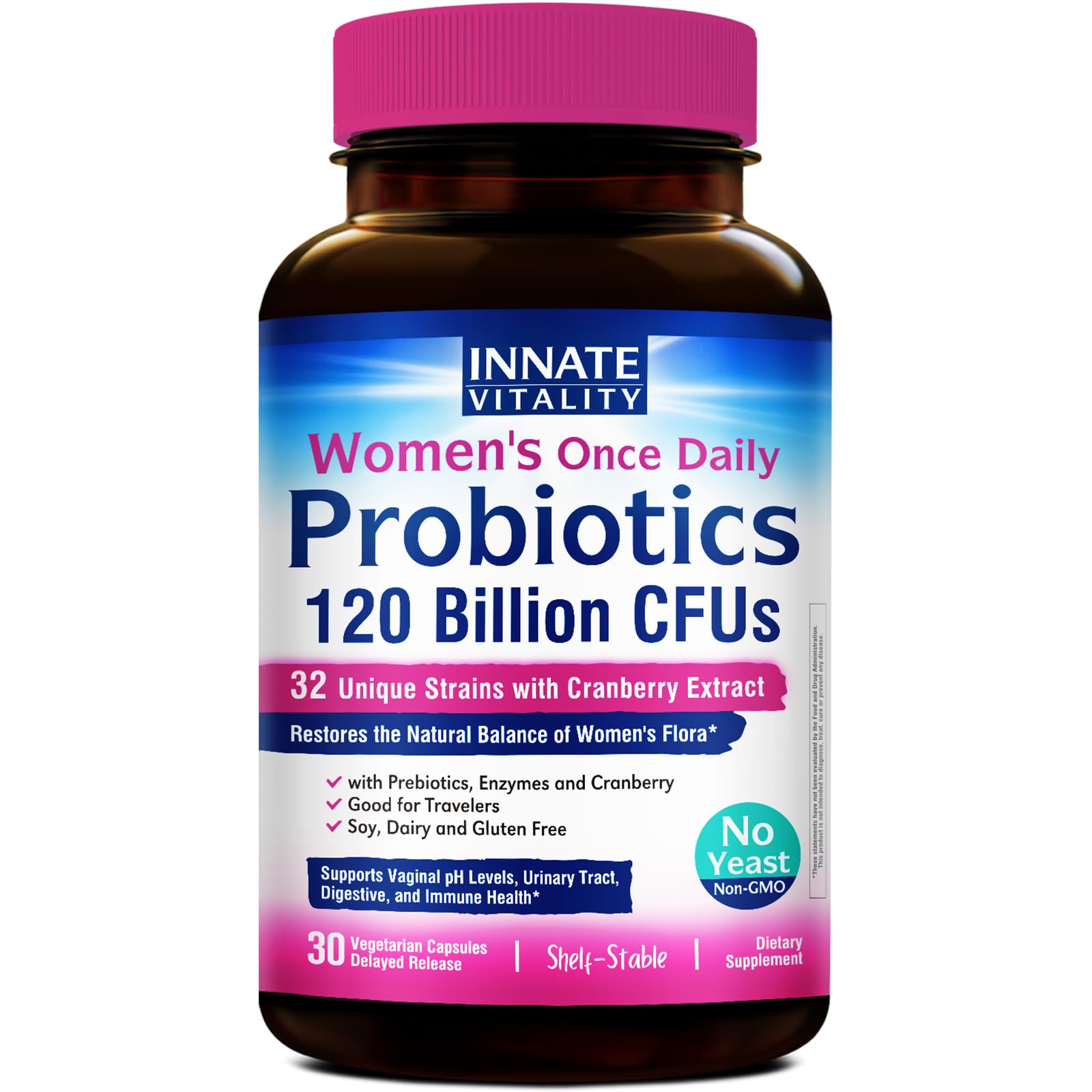 Innate Vitality Women's Probiotics, 120 Billion CFU, 32 Tested Strains, Probiotics for Women, Yeast Control, Vaginal pH Support, Prebiotics, Digestive Enzymes, Cranberry, Once Daily 30 Veggie Capsules Innate Vitality buy supplements Au