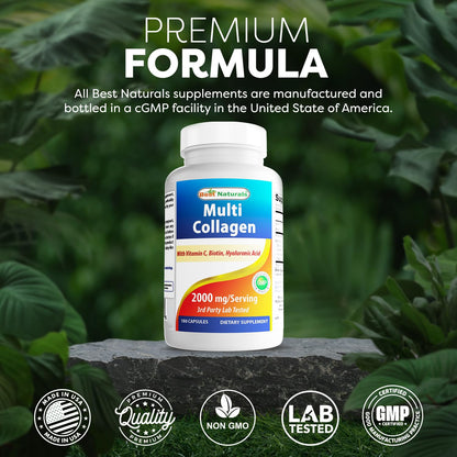 Best Naturals Multi Collagen Pills 2000mg for Women & Men - Hydrolyzed Collagen Peptides Capsules for Hair Skin and Nails with Types I
