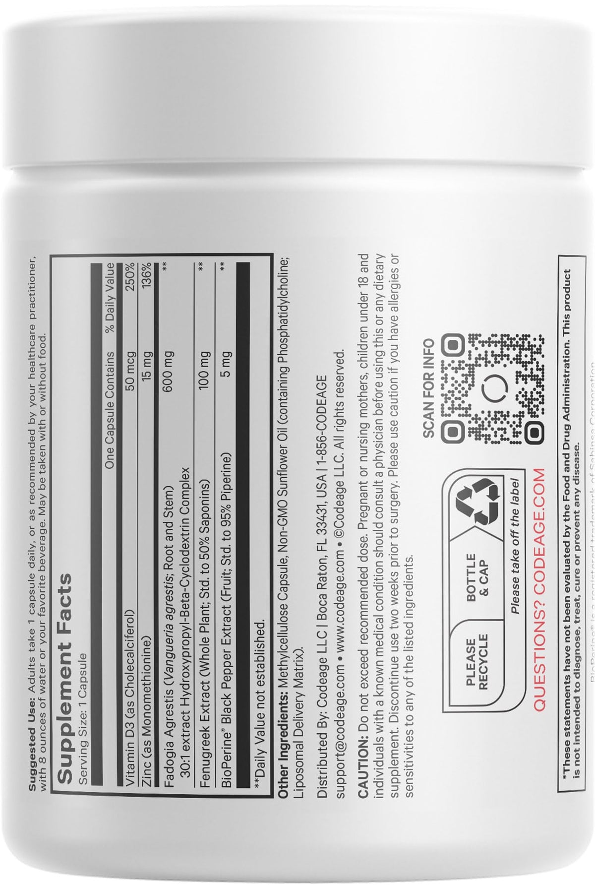 Codeage Liposomal Fadogia Agrestis 600mg Supplement - Fadogia Agrestis 30:1 Extract, Vitamin D3, Zinc, Fenugreek, BioPerine Black Pepper - 2-Month Supply - Liposomal Delivery - Non-GMO, 60 Capsules CodeageBuy Supplements Australia