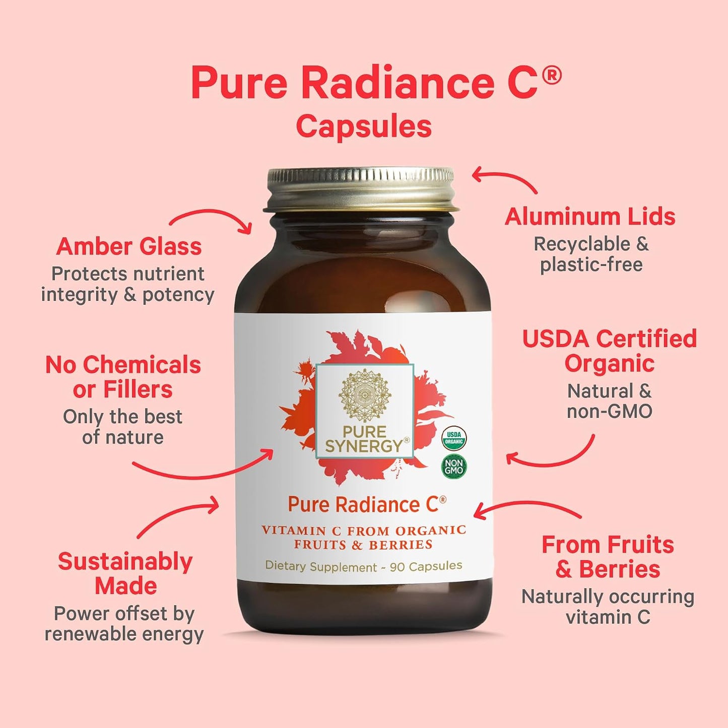 PURE SYNERGY Pure Radiance C | Organic Vitamin C Capsules | 100% Natural, Whole Food, Non-GMO Supplement with Organic Camu Camu | for Immune and Collagen Support (90 Capsules)