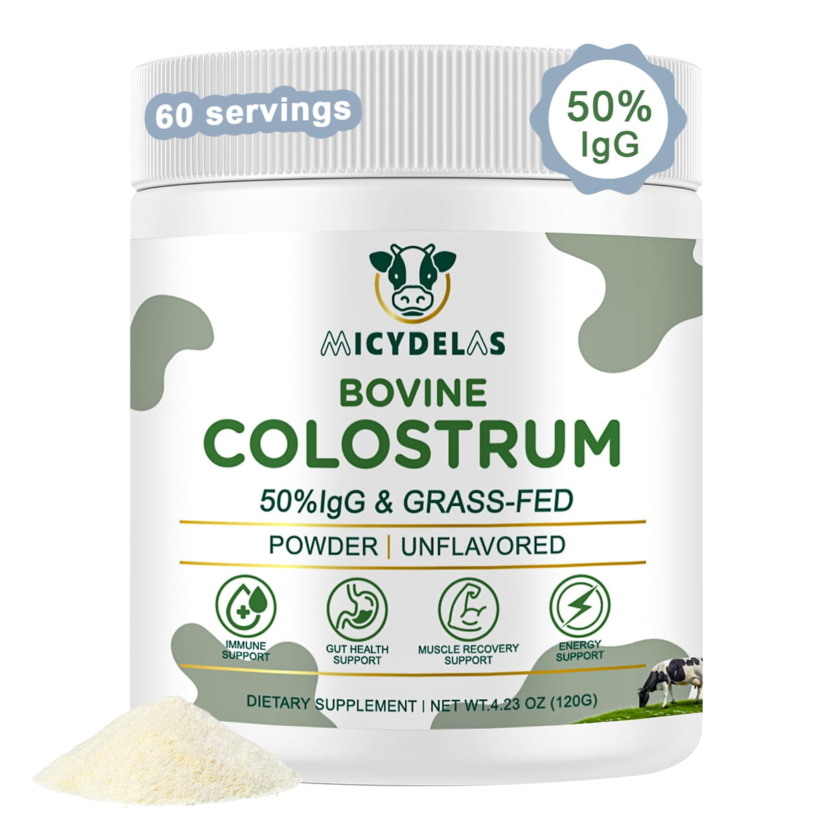 Micydelas Bovine Colostrum powder packaging with branding and product details on a white background.