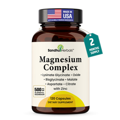 Complete Magnesium Complex 500mg for Women & Men | 120 Capsules | 6 in 1 Mag Supplement with Zinc | Quality Sleep & Muscle Health | Glycinate, Citrate