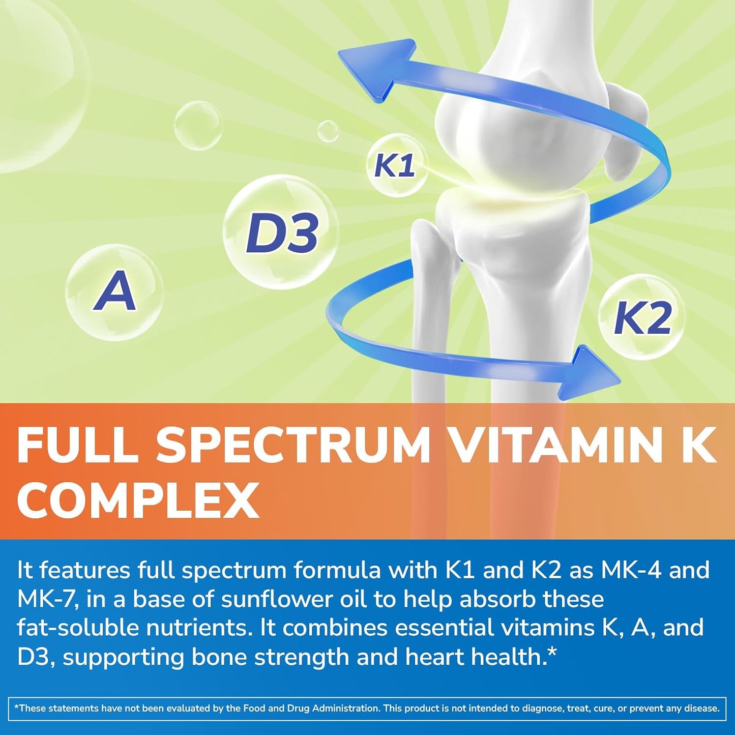 Vitalibre Vitamin K Complex 2600 mcg with Vitamin A & D3 5000 IU | Bioavailable K2 D3 Vitamin Supplement, Full Spectrum, for Bone Strength and Heart Health, 90 Softgels