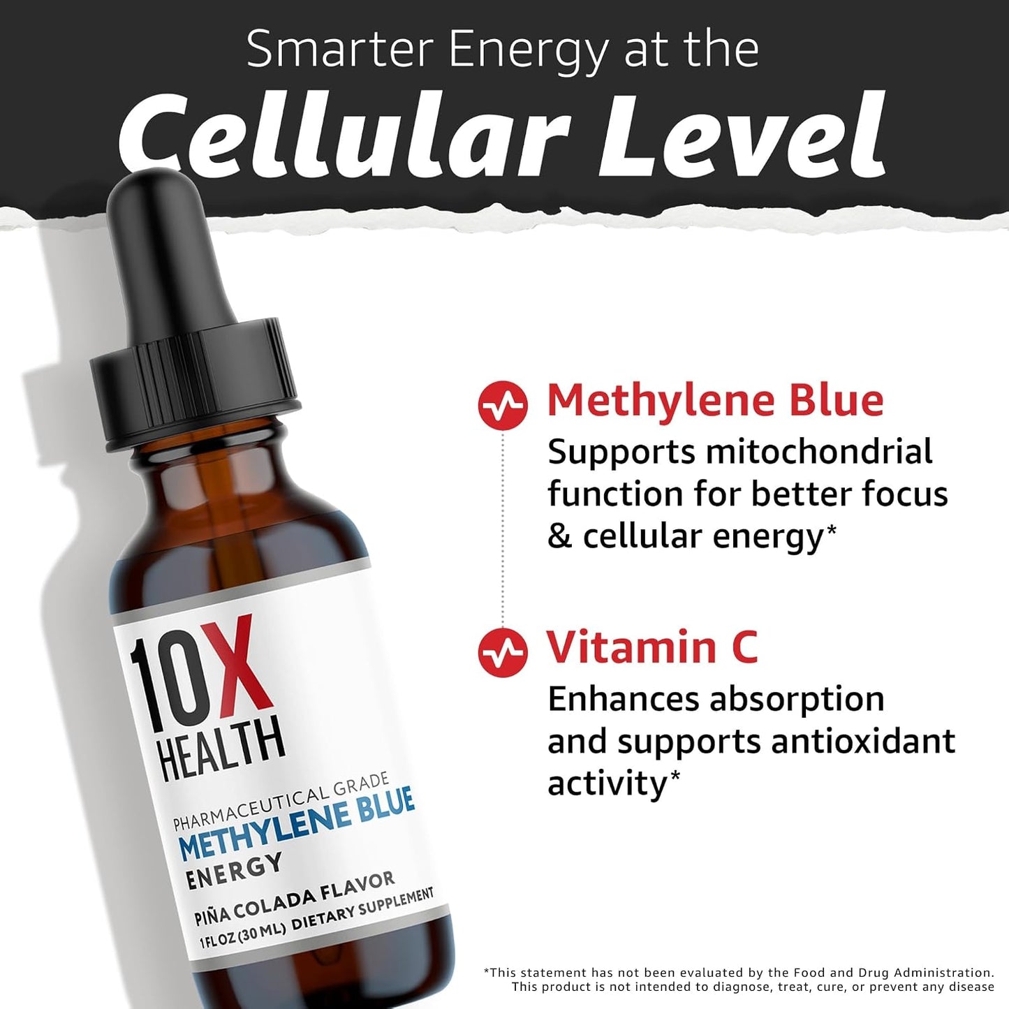 10X Health Methylene Blue Drops - 30ml Drops | Focus Support Supplement: With Black Pepper Extract, Energy Support, Vegan, Non-GMO, 30ml