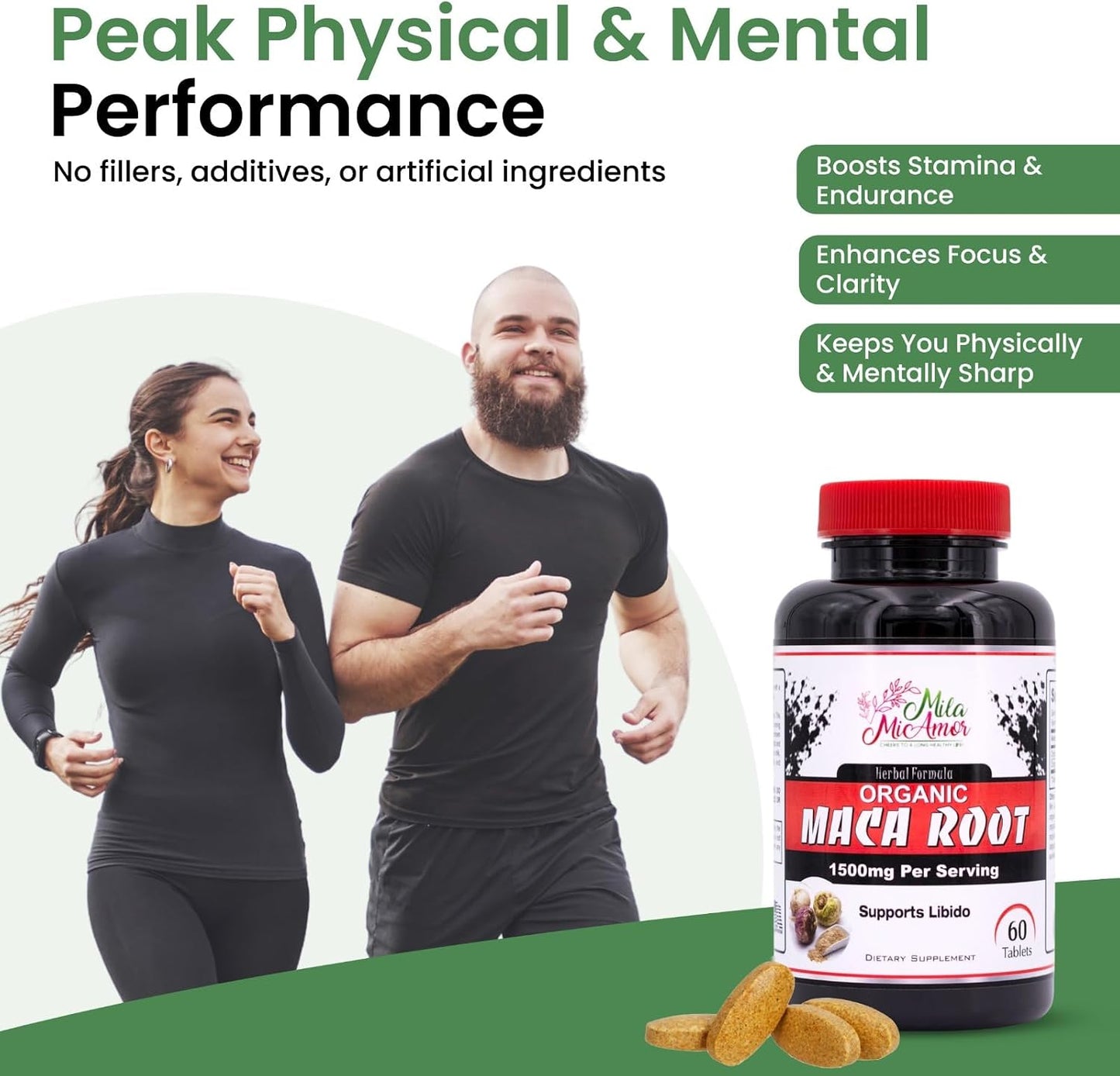 Organic Maca Root Extract 1500 mg, Peak Performance for Men & Women, Sustained Energy & Hormone Support with Black Pepper, Non-GMO, 60 Tablets, US-Made