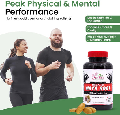 Organic Maca Root Extract 1500 mg, Peak Performance for Men & Women, Sustained Energy & Hormone Support with Black Pepper, Non-GMO, 60 Tablets, US-Made