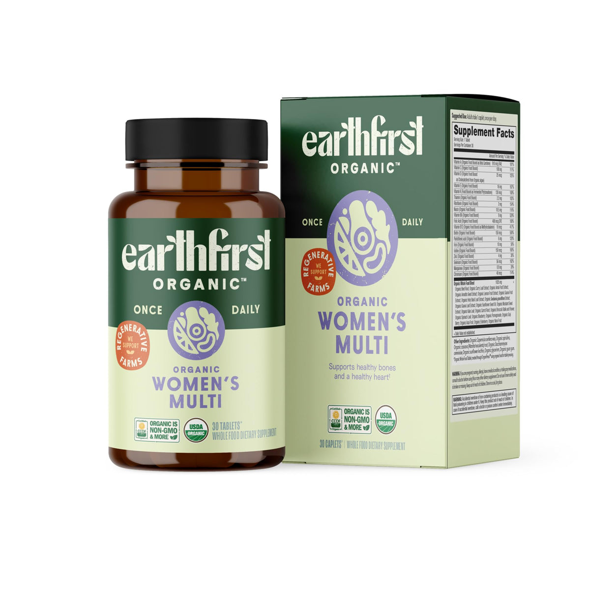 Earthfirst Organic Women's Multi supplement bottle and packaging on a white background