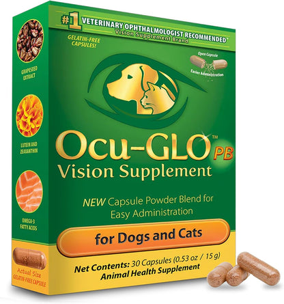 PB Vision Supplement for Small Dogs & Cats – Easy to Administer Powder Blend with Lutein, Omega-3 Fatty Acids, Grape Seed Extract and Antioxidants to Promote Eye Health, 30ct Sprinkle Capsules