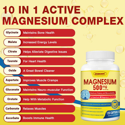 10-in-1 Magnesium Complex Supplement, Magnesium Glycinate 500mg with Citrate & Malate, Chelated High Absorption Plus Vitamin D3 & Zinc - for Nerve, Muscle & Bone Support - 120 Capsules ZEBORA buy supplements Au