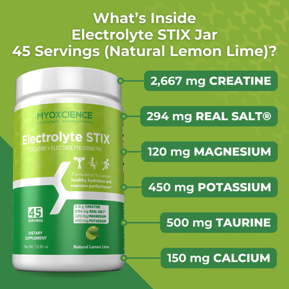 MYOXCIENCE Electrolyte STIX | Creatine Electrolyte Powder | Recovery from Exercise & Muscle Development w/Real Salt (Lemon Lime Flavor) (Jar 45 ct) MYOXCIENCE buy supplements Au