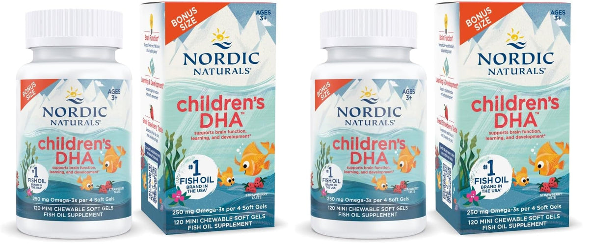Nordic Naturals Children’s DHA, Strawberry - 120 Mini Chewable Soft Gels for Kids - 250 mg Omega-3 with EPA & DHA - Brain Development & Function - Non-GMO - 30 Servings (Pack of 2) Nordic NaturalsBuy Supplements Australia