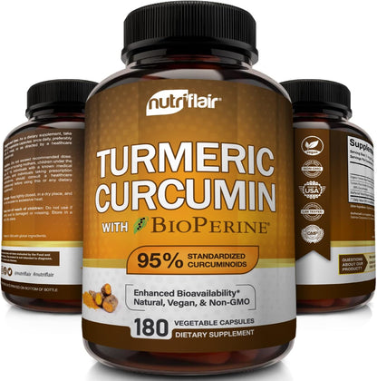 NutriFlair Turmeric Curcumin with BioPerine - 1300mg, 180 Capsules - 95% Standardized Curcuminoids Turmeric Supplement Extract with Black Pepper for Optimal Absorption - 180 Capsules