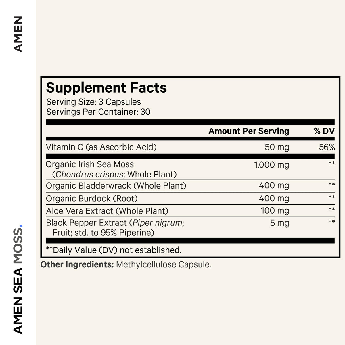 Amen Sea Moss Supplement - 1000mg Organic Irish Sea Moss, Bladderwrack, Burdock - Vitamin C, Aloe Vera, Black Pepper - Seaweed Superfood, Vitamins, Minerals, and Antioxidants - Non-GMO - 90 Capsules Amen buy supplements Au