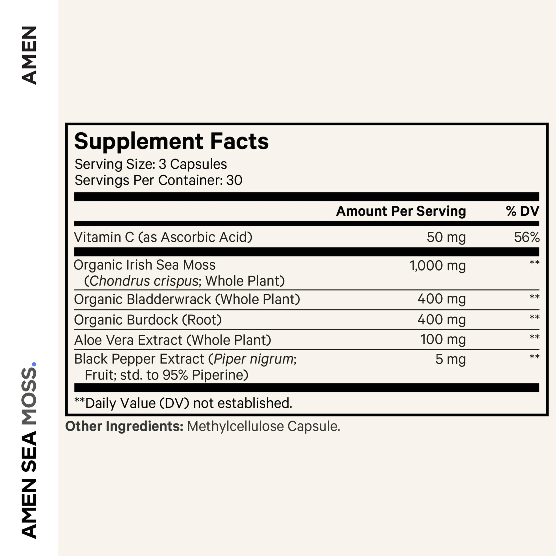 Amen Sea Moss Supplement - 1000mg Organic Irish Sea Moss, Bladderwrack, Burdock - Vitamin C, Aloe Vera, Black Pepper - Seaweed Superfood, Vitamins, Minerals, and Antioxidants - Non-GMO - 90 Capsules Amen buy supplements Au