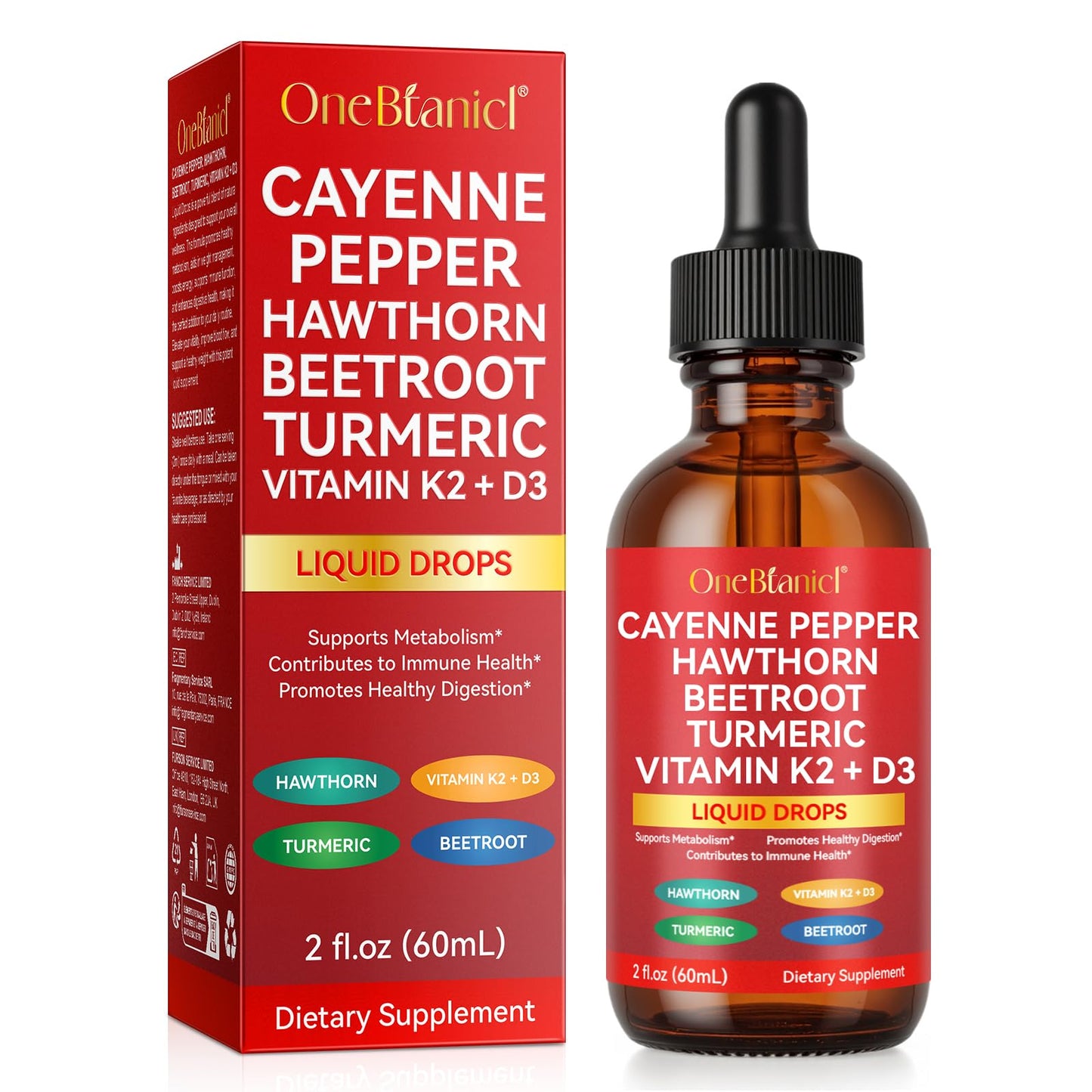 OneBlanc Cayenne Pepper Hawthorn Beetroot Turmeric Vitamin K2+D3 liquid drops packaging and bottle on a white background