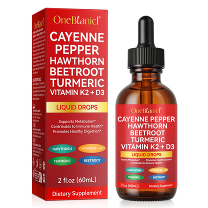 OneBlanc Cayenne Pepper Hawthorn Beetroot Turmeric Vitamin K2+D3 liquid drops packaging and bottle on a white background