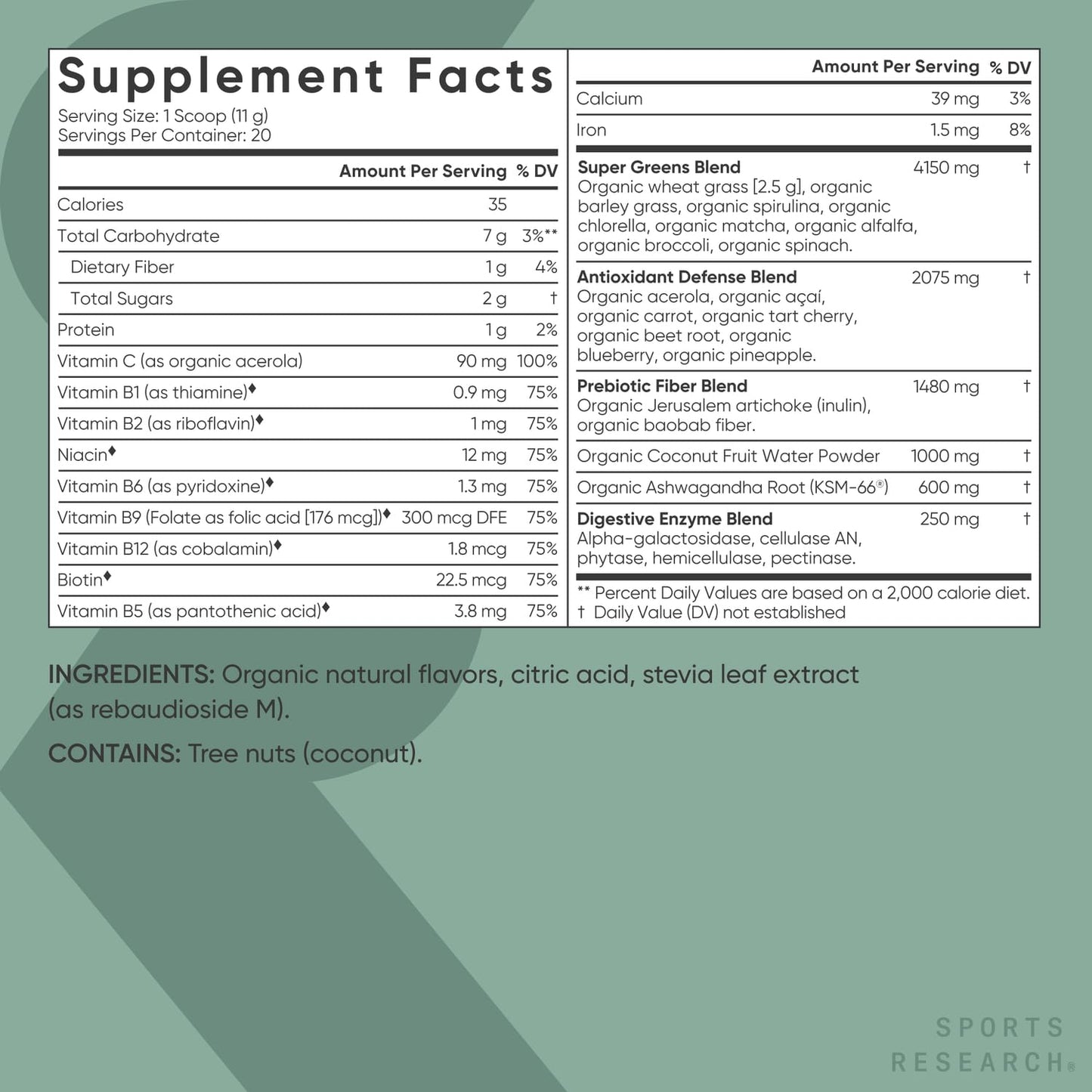 Sports Research® Organic Pineapple Coconut Greens - Digestive Health, Natural Energy & Mood Support* - Certified Organic Powder - 20 Servings Sports Research buy supplements Au