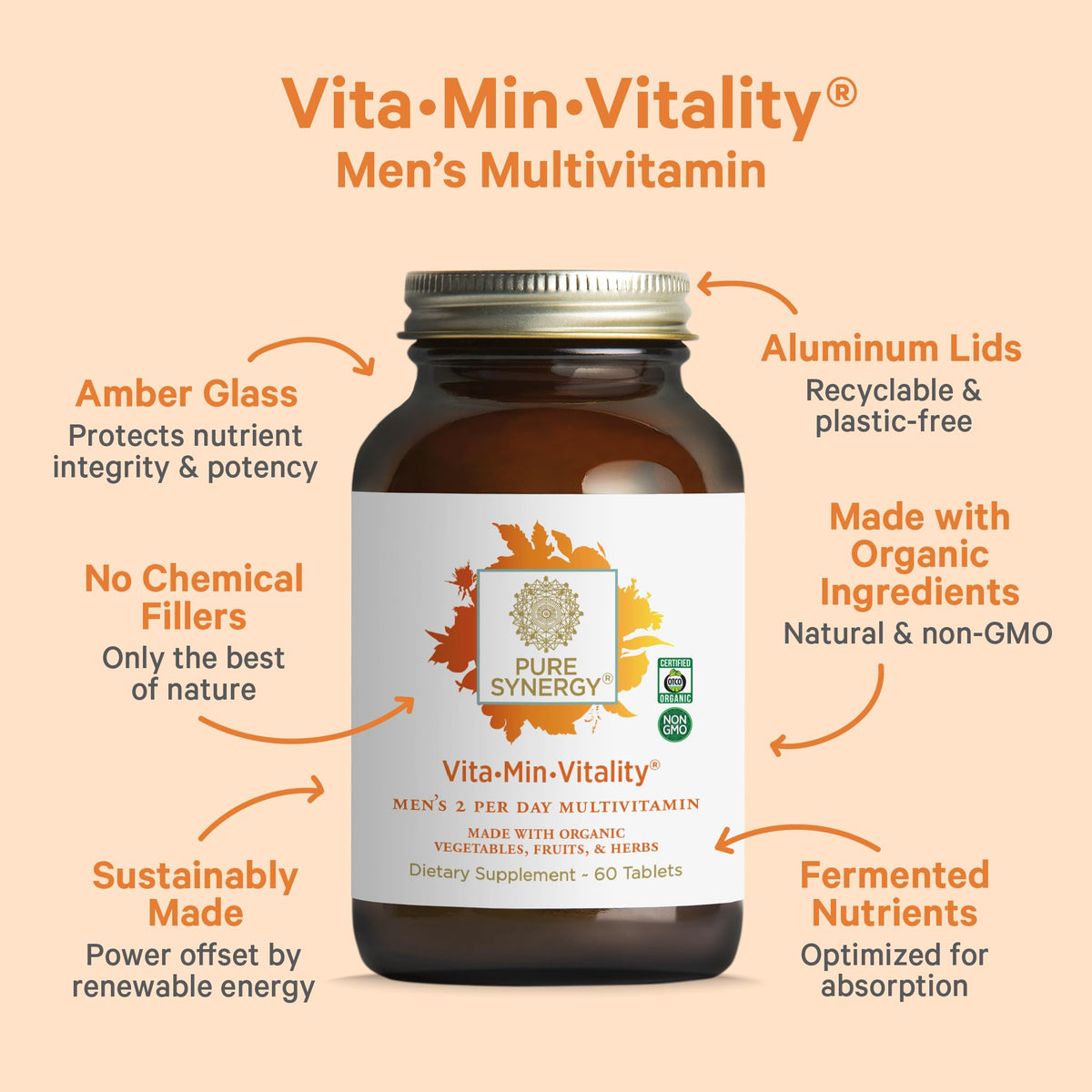 PURE SYNERGY Vita·Min·Vitality | Natural Multivitamin for Men | Men’s Daily Multivitamin Made with Organic Whole Foods | for Energy, Stress, and Immune Support (60 Tablets) PURE SYNERGY buy supplements Au