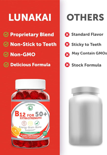Lunakai USA Made Vitamin B12 Gummies for Adults 50+, 3000mcg, 60ct | Non-GMO, Vegan B12 Supplement for Energy Metabolism & Daily Vitality Support - Tasty & Non-Sticky Gummies